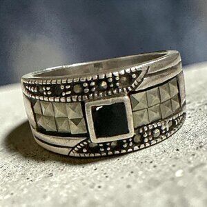 Sterling Silver 925 Black Onyx Square Stone Ring With Textured Band Vintage Styl